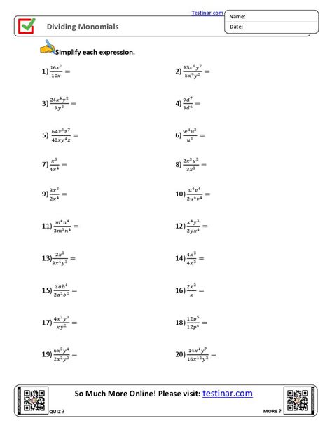 Dividing Monomials worksheets