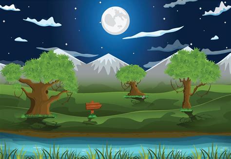 Vector illustration of cartoon night landscape background with full ...