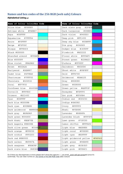 Names And Hex Codes Of The 256 Rgb (Web Safe) Colors Chart printable ...