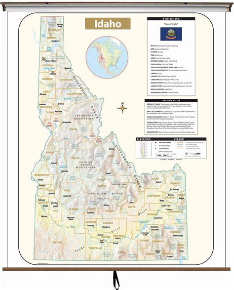 Idaho Large Scale Shaded Relief Wall Map on Roller with Backboard - The ...