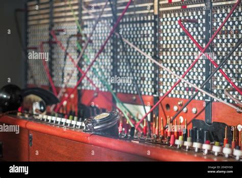 Old fashioned manual telephone exchange switchboard on display at ...