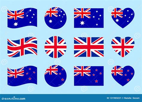 Australia, Great Britain, New Zealand Flags Vector Set. Flat Isolated ...