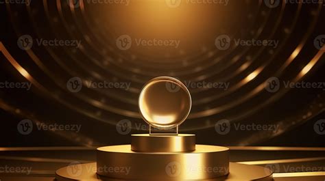 Golden podium with round frame on black background. Award ceremony concept. 3D rendering ...