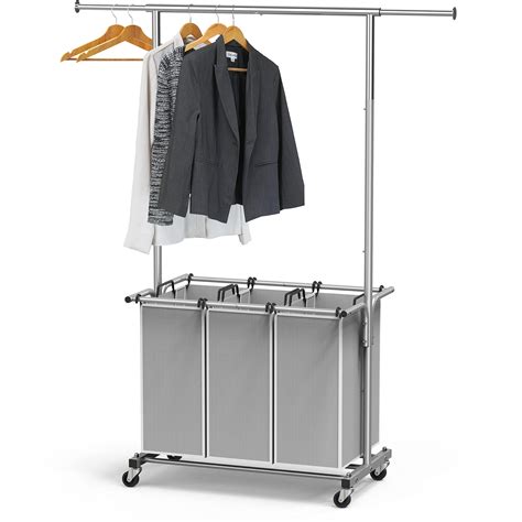 SimpleHouseware 3 Bag Laundry Sorter Rolling Cart w/ Garment Rack ...