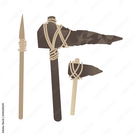 Vector stone age primitive tools and weapons set. Wooden spear with ...