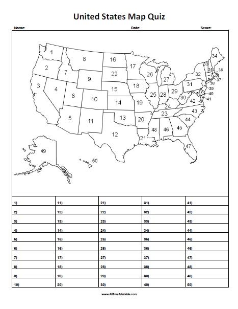 Free Printable United States Map Quiz