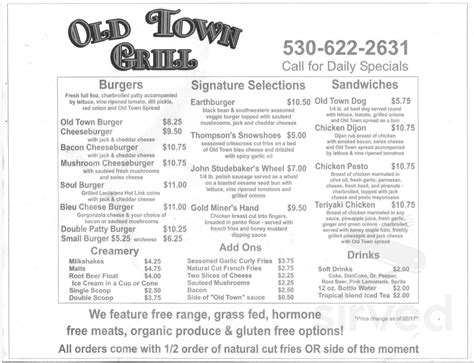 Menu for Old Town Grill in Placerville, CA | Sirved