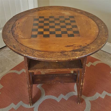 ANTIQUE HAND CARVED PRIMITIVE FOLK ART GAME CHECKER CHESS TABLE WITH CHAIR #Country #unknown ...