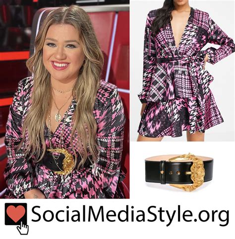 Kelly Clarkson's pink houndstooth dress and black belt from The Voice