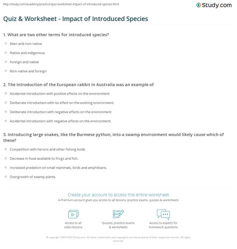 Quiz & Worksheet - Impact of Introduced Species | Study.com