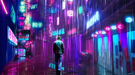 #artwork #neon neon glow #cats #street #rain science fiction digital art #Retrowave #vaporwave # ...