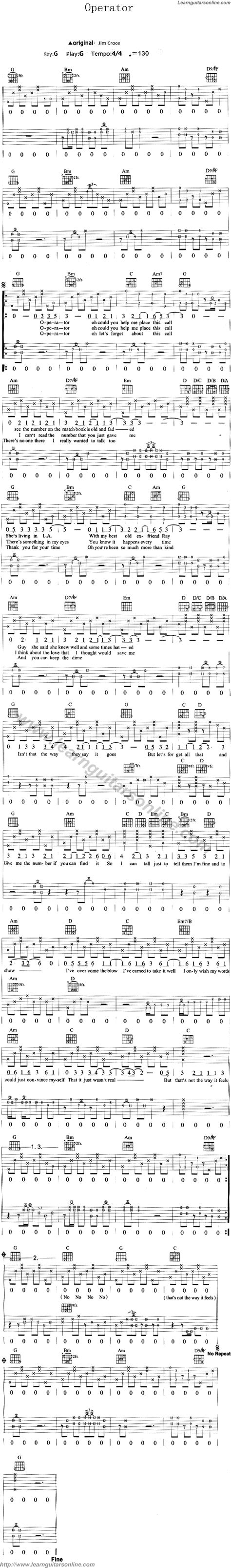 Operator by Jim Croce Guitar Tabs Chords Sheet Music Free ...