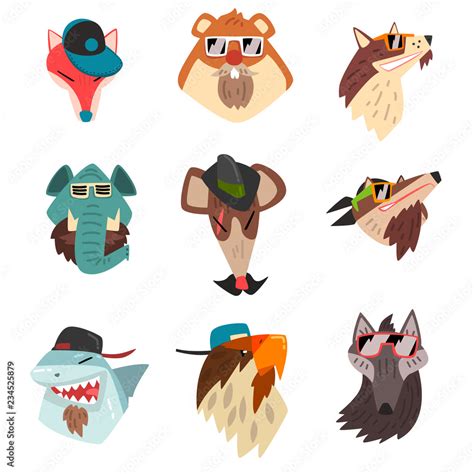 Animals wearing hats and sunglasses, hipster animal portraits cartoon ...