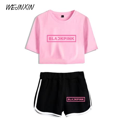 WEJNXIN Summer Kpop Blackpink Two Piece Set Women Crop Top And Pants Set Black Pink Tracksuit ...