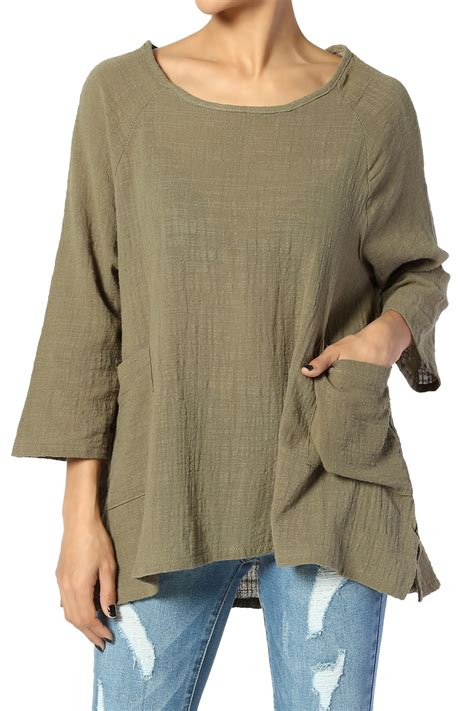 TheMogan Women's S~3X 3/4 Sleeve Dual Pocket Crinkled Gauze Cotton Loose Fit Top - Walmart.com