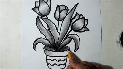 How to Draw A Flower Pot || Charcoal Drawing and Shading - YouTube