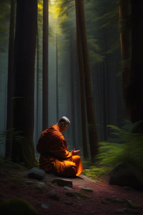 Lexica - A Buddhist monk meditating in a beautiful dark forest, very calm nature, cinematic