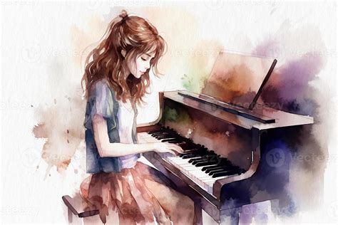 Girl playing the piano, a watercolor painting on textured paper. Digital watercolor painting ...