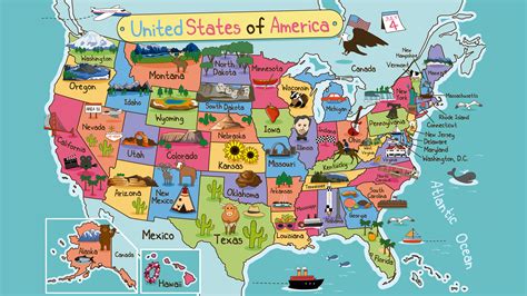 Mapa de Estados Unidos con dibujos | Carte etats unis, Carte amerique, Géographie