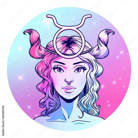 Taurus zodiac sign artwork, beautiful girl face, horoscope symbol, star sign, vector ...