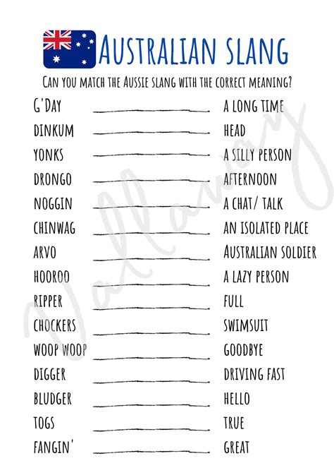 Australian slang printable game | Etsy