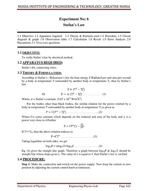 6 stefan's law - experiment - Experiment No: 6 Stefan’s Law 1 Objective 1 Apparatus required 1 ...