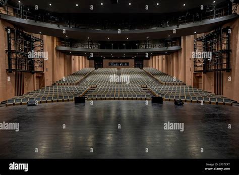 Interior of an empty modern auditorium, empty chairs, view from the ...