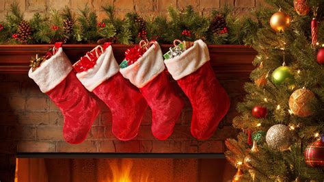 Christmas stockings on a fireplace - Virtual Backgrounds