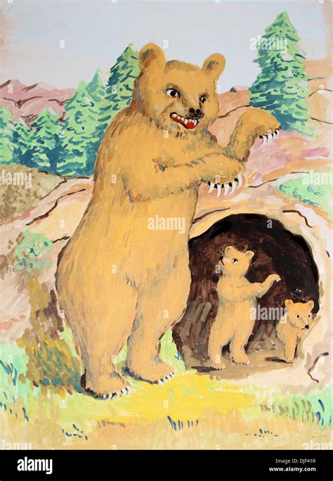 Illustration of a grizzly bear with cubs in a cave Stock Photo - Alamy