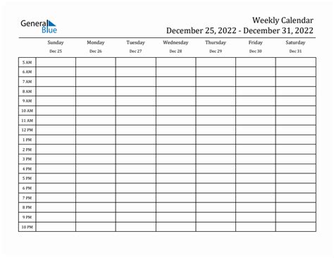 Weekly Calendar - December 25, 2022 to December 31, 2022 - (PDF, Word, Excel)