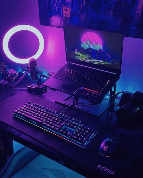 gaming laptop desk setup with a purple and cysnc colour scheme Bedroom Gaming Setup, Laptop ...