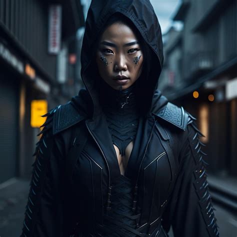 Premium AI Image | A woman in a black hood and a black hood stands in a dark alley.