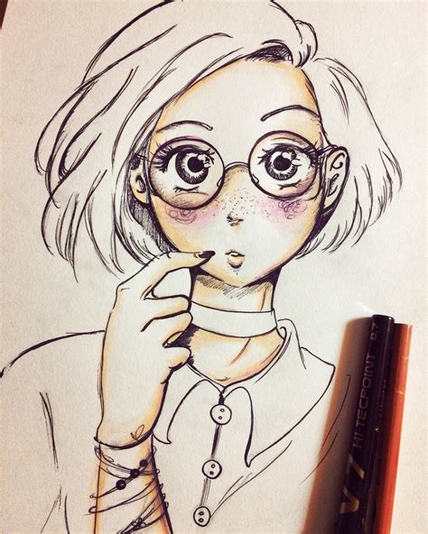 Girl With Glasses Sketch Anime