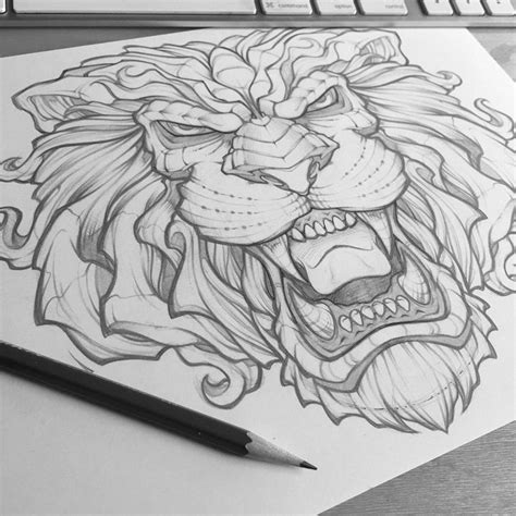 Scary uncolored roaring lion head tattoo design - Tattooimages.biz