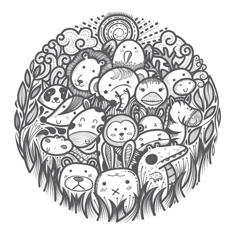 Premium Vector | Cute doodle art wild animals in a circle.