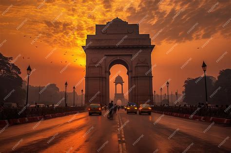 Premium AI Image | India gate at sunrise famous landmark of new dehli ...