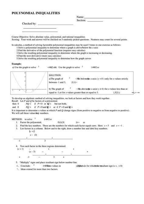 'Polynomial Inequalities' Algebra Worksheet printable pdf download