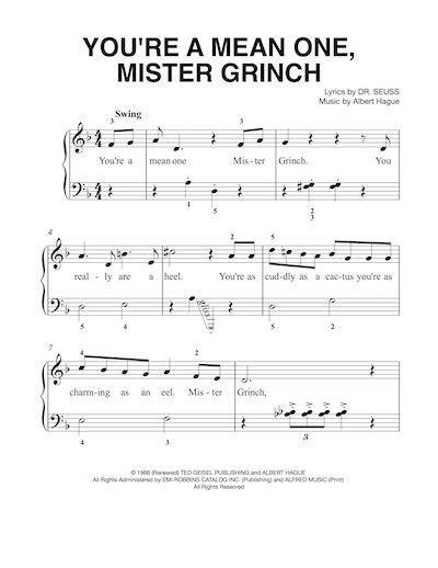 You're A Mean One Mister Grinch- Easy Piano Sheet Music | Mr grinch ...