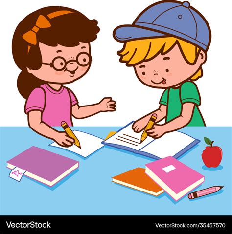 Children doing their homework on a desk Royalty Free Vector