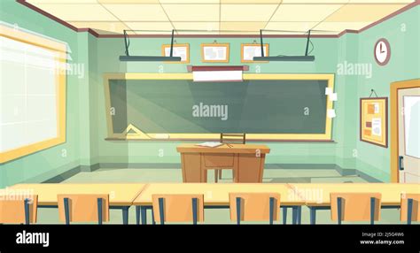 Vector cartoon background with empty classroom, interior inside. Back ...