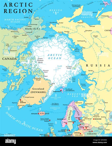 Arctic region political map with countries, capitals, national borders ...