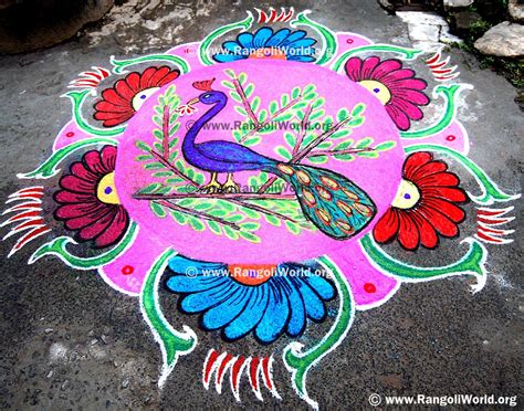 Peacock Rangoli Jan 2014 with flowers and tree | Peacock rangoli, Rangoli designs, Flowers