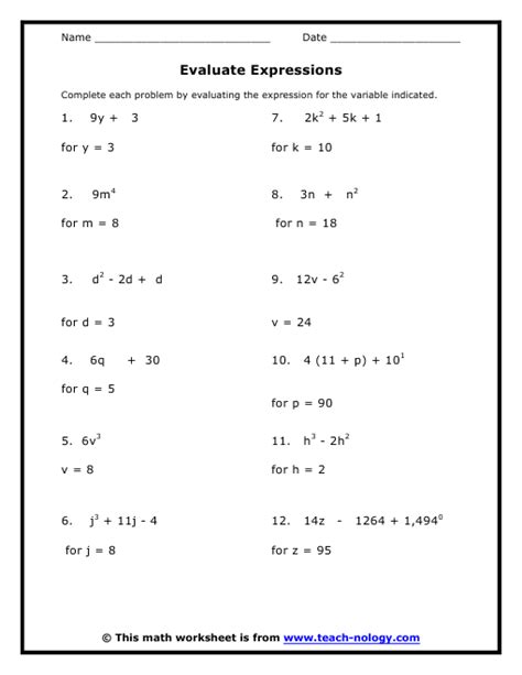 Algebra 8th Grade Math Worksheets