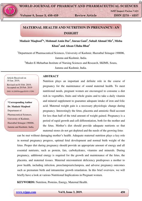 (PDF) MATERNAL HEALTH AND NUTRITION IN PREGNANCY: AN INSIGHT