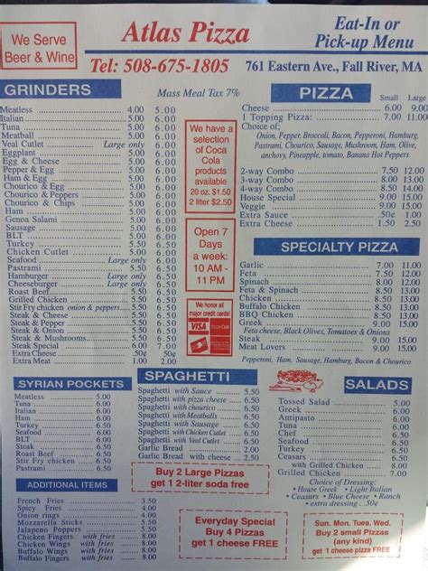 Menu at Atlas Pizza pizzeria, Fall River