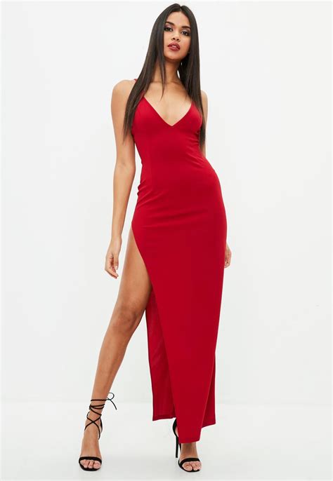 A red maxi dress with side splits, plunge neckline and jersey fabric. | Cocktail dresses with ...