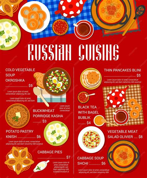 Menú de cocina rusa comidas de platos de comida de rusia | Vector Premium