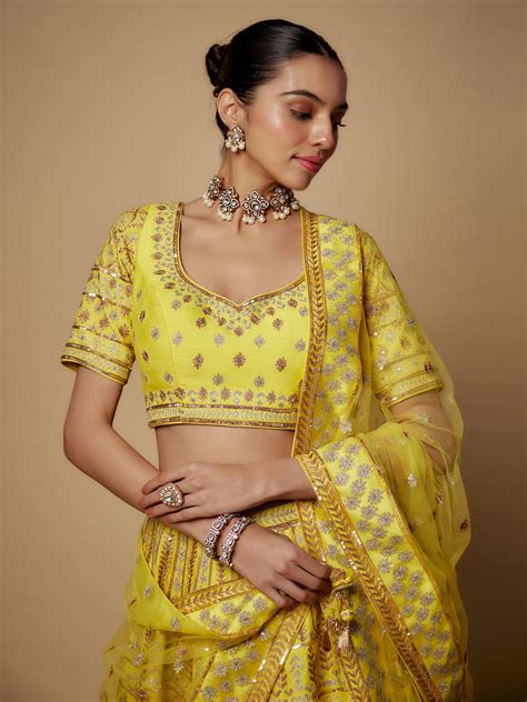 Yellow Rawsilk Aari Work Lehenga Set with Emboidered Dupatta - Maisolos