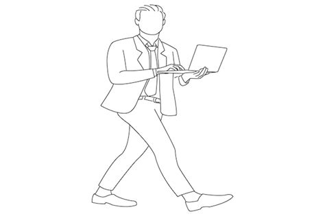 Premium Vector | Business man happy smile go walk type report chat laptop outline drawing style art