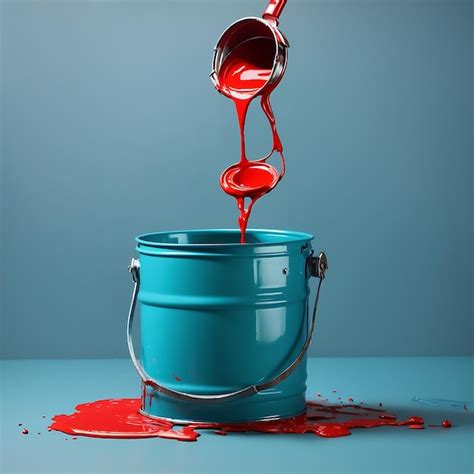 Premium AI Image | Steel paint bucket pouring red paint on plain cyan background Ai Generated